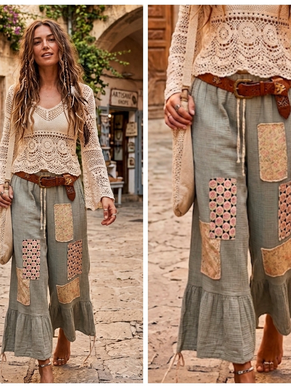 Boho Wide Leg Patchwork Mineral Wash Pants
